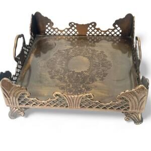 Vintage 20th Cent Castilian Brass Serving Tray Handles Feet Square Etched Heavy